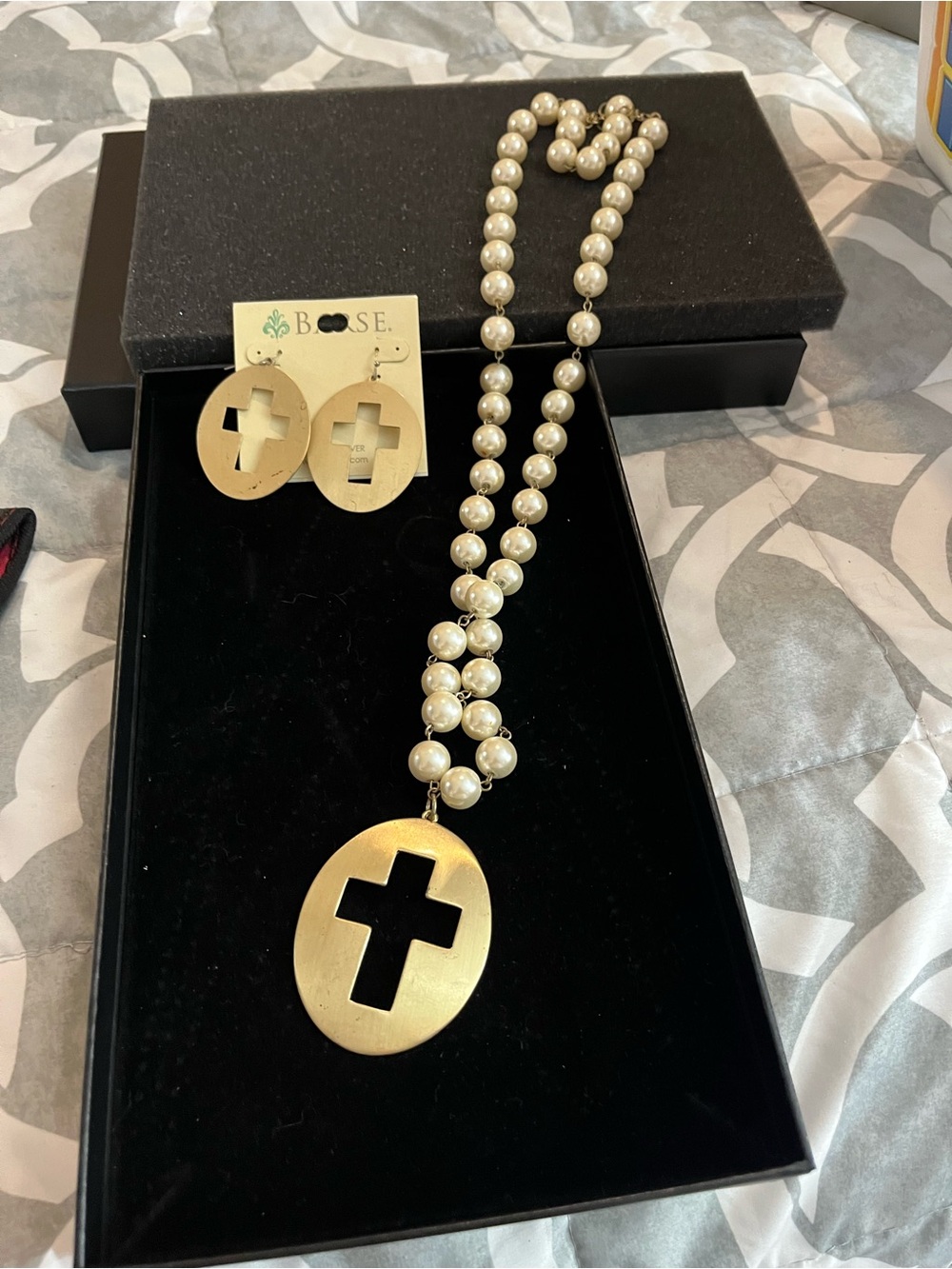 Gold Cross Pendant Pearl Bead Necklace and Earring Set - Gold and Cream